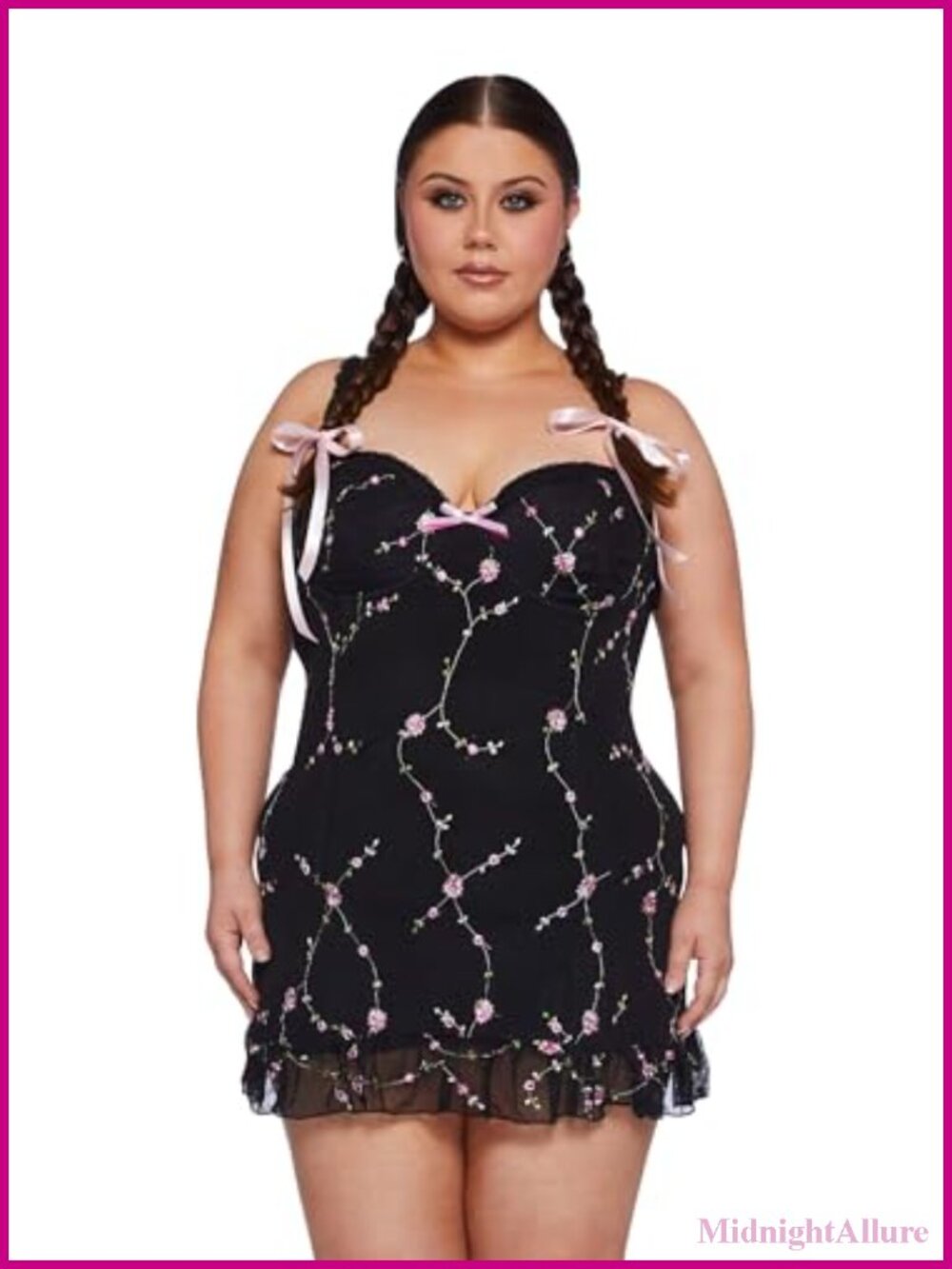 Sheer Mesh Slip Dress with Ruffle Hem and Embroidered Flowers